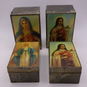 Set of Four Boxes w/ depictions of St Therese Virgen Milagrosa & Heart of Mary